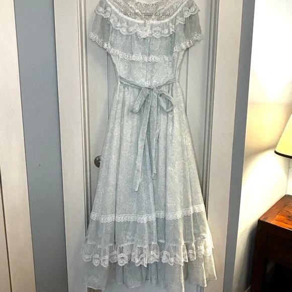 VTG Gunne Sax Jessica McClintock 70s Prairie Lace Prom Dress Pale Mint Size 7 - Picture 5 of 14